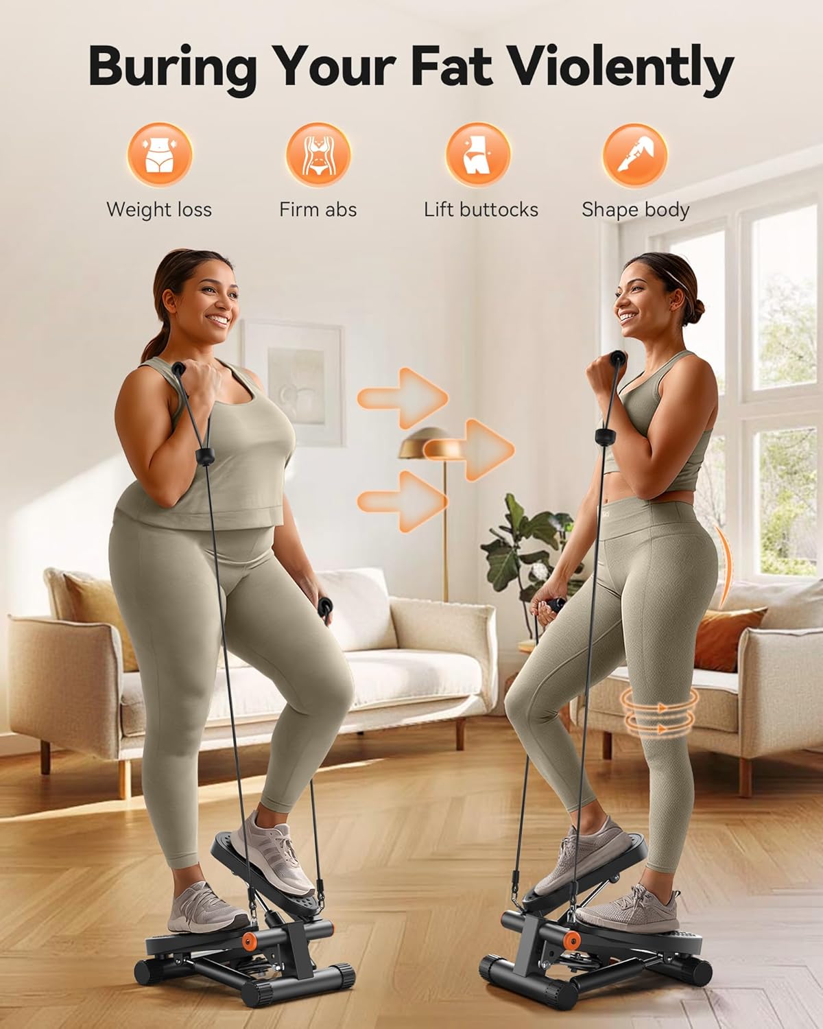 Mini Stair Stepper with Resistance Bands - Hydraulic Fitness Equipment for Home Workouts, 300LBS Capacity, with LCD Monitor