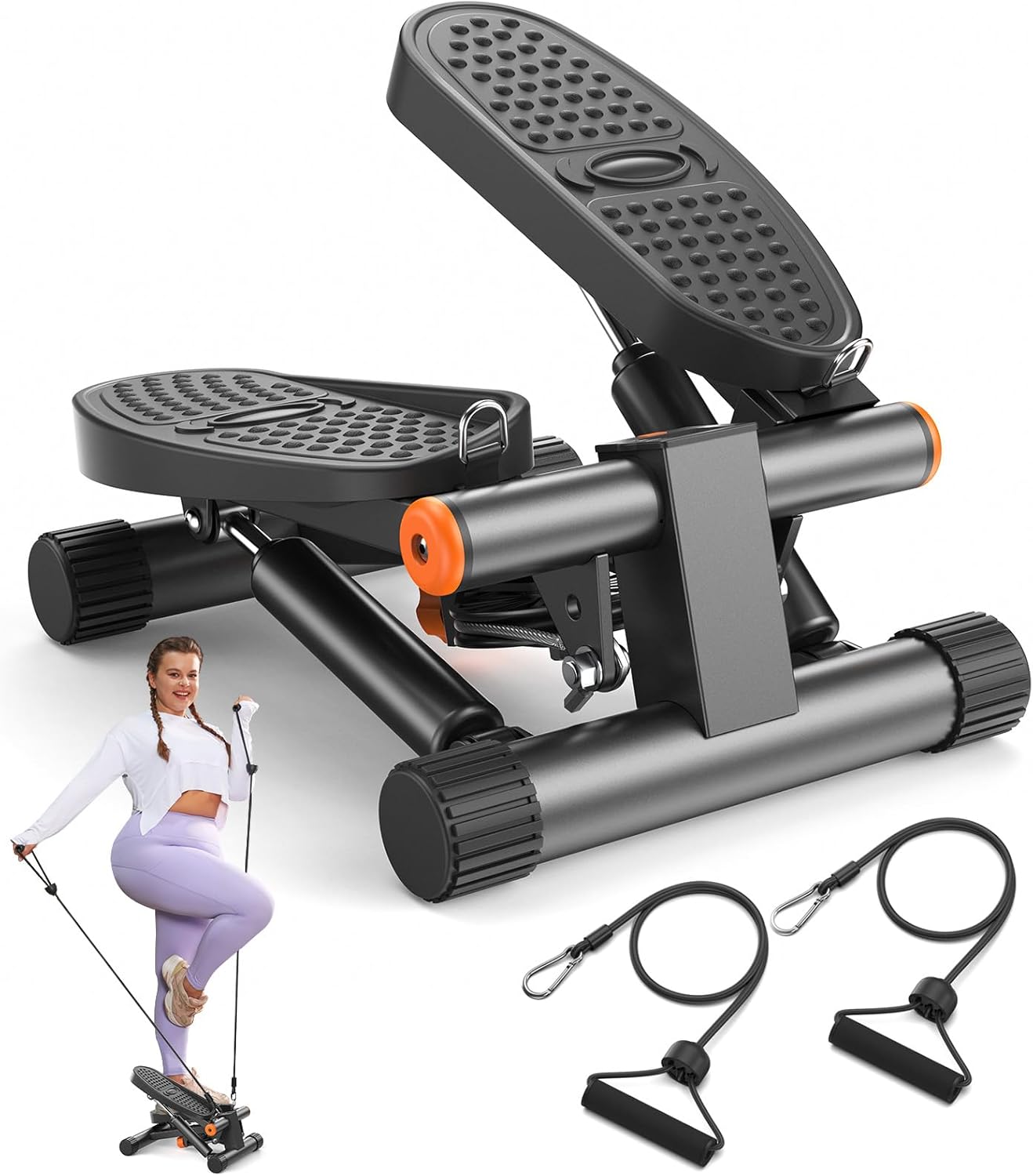 Mini Stair Stepper with Resistance Bands - Hydraulic Fitness Equipment for Home Workouts, 300LBS Capacity, with LCD Monitor