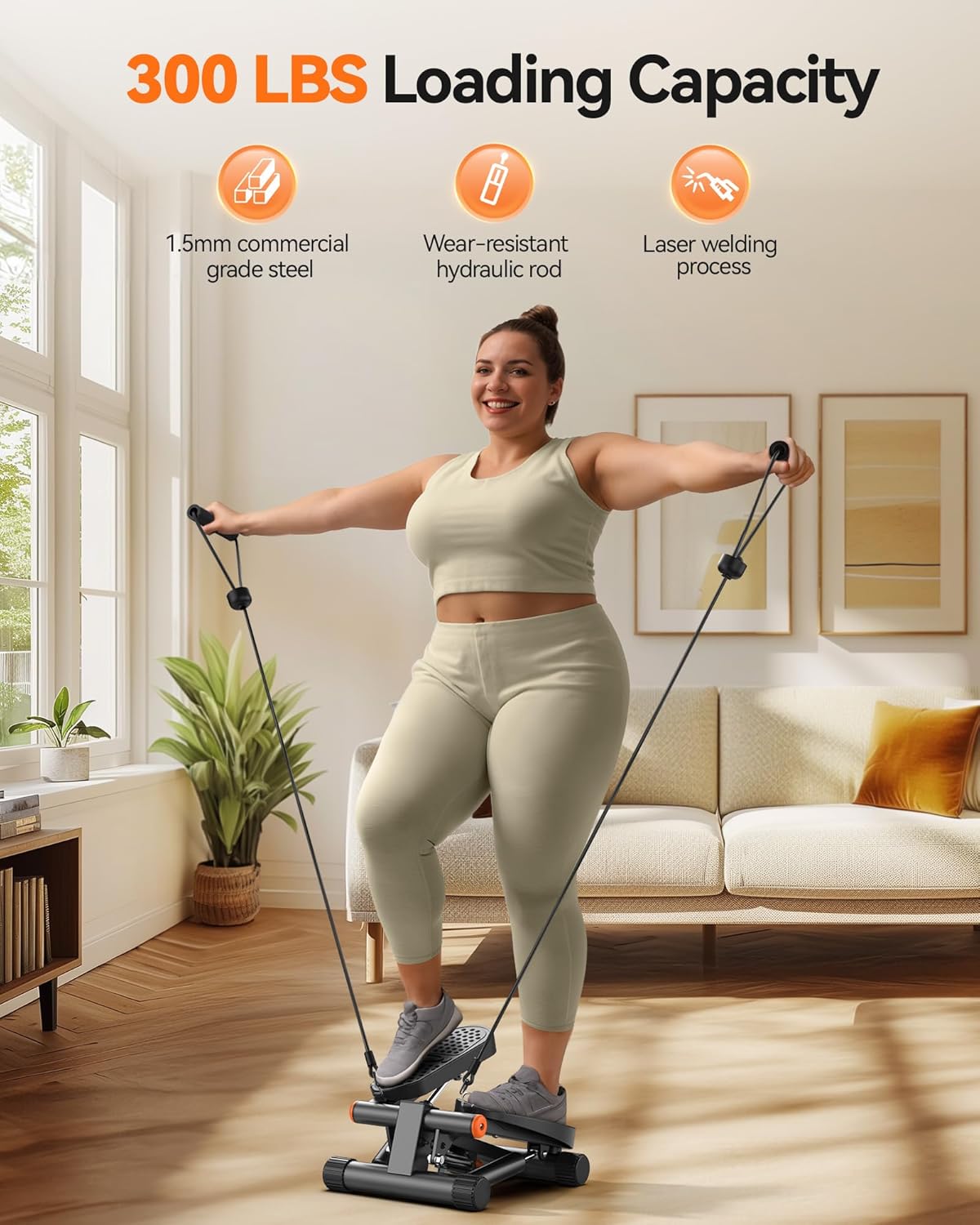 Mini Stair Stepper with Resistance Bands - Hydraulic Fitness Equipment for Home Workouts, 300LBS Capacity, with LCD Monitor